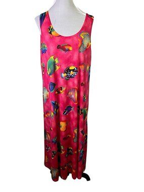 Vintage Jostar Pink Hawaiian Maxi Dress Tropical Fish XL Vacation Beach Travel